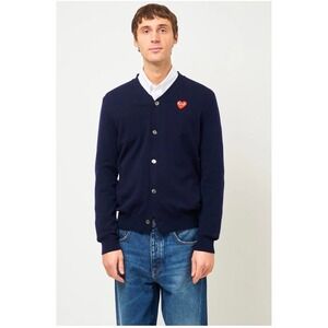 Comme des Garcons Play Cardigan V-Neck Mens M Navy Blue Wool Heart Logo Sweater